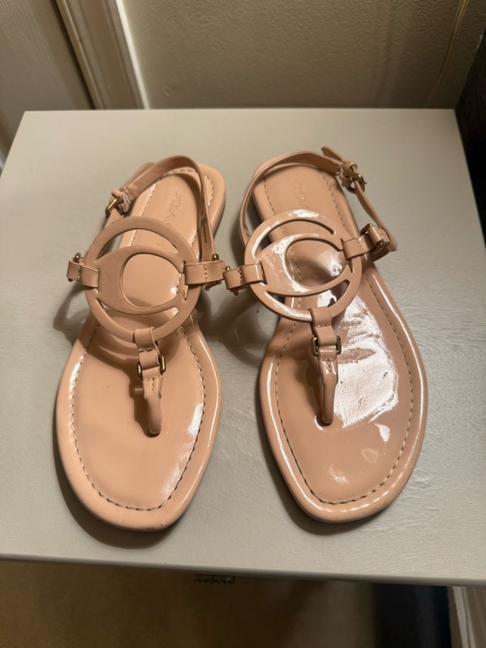 Coach Women's Jeri Patent
Leather Thong Sandals in the color beechwood.